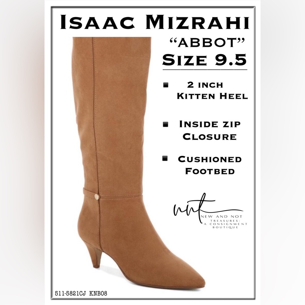 Isaac Mizrahi Abbot Tan Faux Suede Tall Boots Size 9.5 Kitten Heel Zip EUC